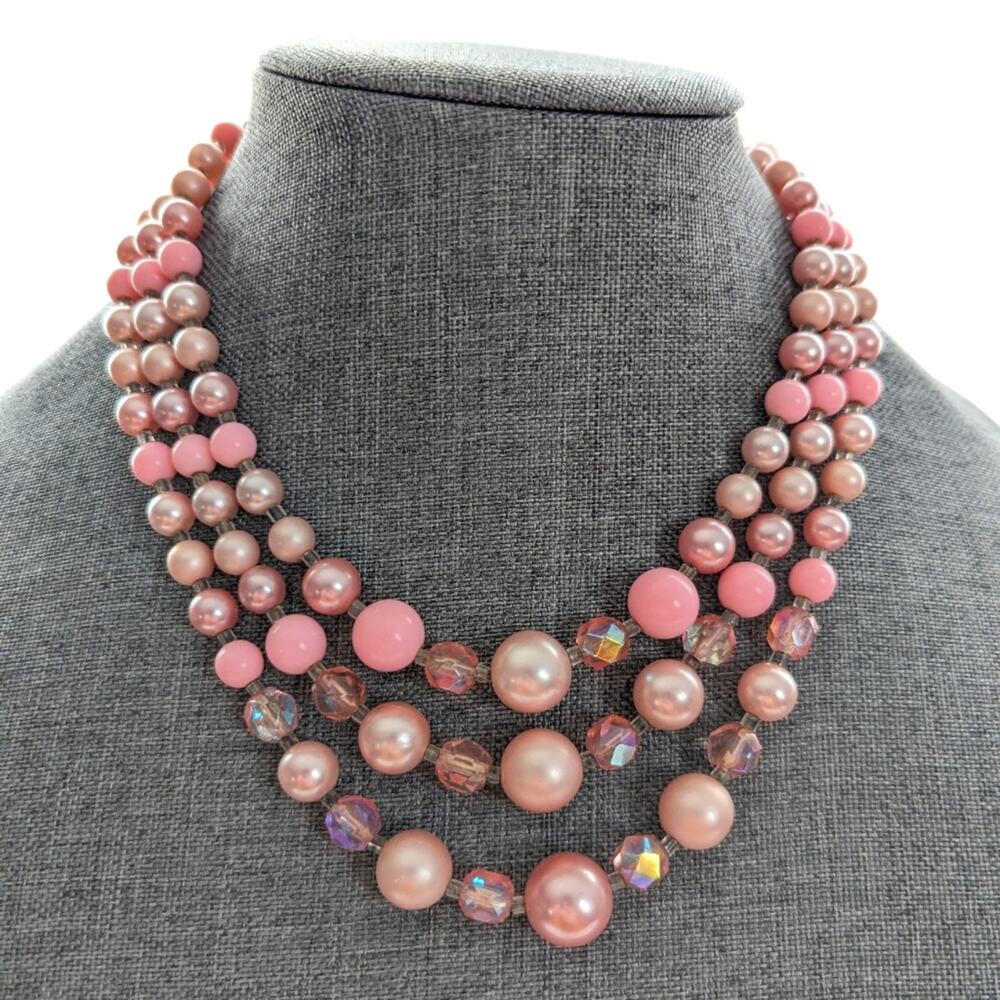 Vintage Japan Bubble Gum Barbie Pink AB Crystal Triple Strand Necklace